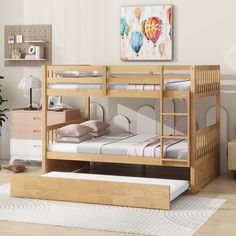 a wooden bunk bed sitting on top of a hard wood floor next to a white rug