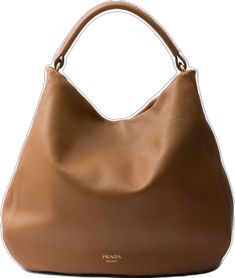 Shoulder Bag Brown, Brown Highlights, Logo Stamp, Flats Top, Calf Leather, Leather Shoulder Bag, Prada, Fashion Branding, Dust Bag