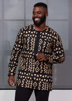 Style#M2076TBT The Ibrahim in Tan Black Tribal is sure to turn heads this season. Stay comfortable... Men Kitenge Shirt Designs, African Shirts Designs, Ghana Style, Modern African Clothing, African Shirt, African Wear For Men, African Print Shirt, Mens Fabric, African Wear Styles For Men