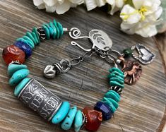 Turquoise Carnelian and Andalusite Bracelet With Sterling - Etsy Horse Bracelet, Jewelry 2023, Wrist Candy, Carnelian Beads, Focal Beads, Gifts For Horse Lovers, Leather Wrap Bracelet, Silver Bead, Bracelet Crafts