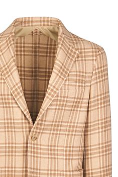 Crafted from luxurious pure camel wool. This single-breasted jacket features a refined plaid pattern, offering a perfect blend of sophistication and modern flair. The unstructured design ensures a comfortable fit, making it ideal for both casual and formal occasions. With its timeless elegance and superior craftsmanship, this jacket is a versatile addition to any wardrobe. Plaid Semi-formal Outerwear With Hidden Button Closure, Semi-formal Plaid Outerwear With Hidden Button Closure, Plaid Outerwear With Hidden Button Closure For Semi-formal Events, Plaid Outerwear With Hidden Button Closure For Semi-formal Occasions, Luxury Plaid Single Breasted Tweed Jacket, Luxury Plaid Tweed Jacket Single Breasted, Luxury Plaid Single-breasted Tweed Jacket, Timeless Plaid Outerwear With Welt Pockets, Luxury Plaid Wool Tweed Jacket