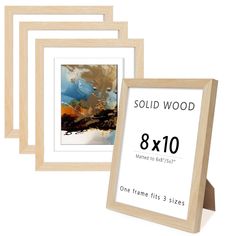 three wooden frames are shown next to each other, with one frame displaying an abstract painting