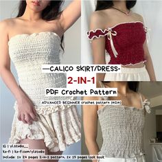 [NOT THE BUNDLE] Calico Top/Dress is a coquette style top and dress, designed to elegantly accentuate the body shape through the use of crochet shirring. The design also includes 2 different sleeve/strap options as well as an additional bow/ribbon design. --The Pattern-  - 1x 24 pages written instructions of the Calico Top/Dress - 1x 15 pages tester's look book - m2m (made-to-measure) pattern - Written in US terminology | metric (cm)  - Crochet Experience: Advanced beginner (Confident beginner m Crochet Coquette Top, Crochet Babydoll Top, Shirring Top, Crochet Patchwork Blanket, Crochet Coquette, Coquette Crochet, Dress Coquette, Shirred Top, Crochet Tutorial Pattern