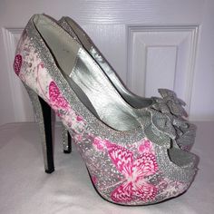 Brand New With Box, Rare, Show Story Silver And Pink, Butterfly Print Platform Heels. Size: 6.5 Heel Height 5.5” With A 2” Platform Asking $80.00 Pink Glitter High Heel Heels, Pink Glitter Heels For Formal Occasions, Formal Pink Glitter Heels, Spring Pink Glitter Heels, Pink Rhinestone Round Toe Heels, Pink Rhinestone Heels With Round Toe, Pink Closed Toe Heels With Rhinestones, Pink Rhinestone Closed Toe Heels, Pink Open Toe Heels With Glitter Accents