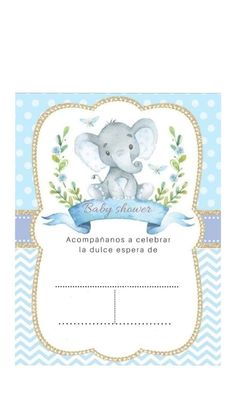 an elephant is sitting on top of a blue and white card with the words, baby shower