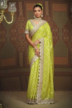 Lemon green floral jaal chanderi saree featuring intricate gota, dori, and badla work with a purple border. Accompanied by a silk chanderi padded blouse with a scalloped neckline., Fit: Relaxed Pista Green Saree With Chikankari Embroidery For Navratri, Green Dola Silk Saree With Gota Work, Pista Green Chikankari Embroidery Saree For Navratri, Raw Silk Meenakari Saree For Reception, Meenakari Raw Silk Saree For Reception, Pista Green Saree With Meenakari For Eid, Pista Green Zari Work Saree For Reception, Banarasi Silk Traditional Wear With Chikankari Embroidery For Reception, Pista Green Saree With Zari Work For Reception