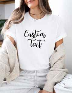 Welcome to my store where I offer possibility to customize your T-shirts for all your special occasions. I use high quality t-shirts (Bella+Canvas 3001) made of 100% cotton which offer both style and comfort. They have a relaxed and casual fit, but if you would like to have an oversize look, we recommend purchasing one or two sizes up. Your custom text or design is professionally prepared and heat-pressed. If you prefer to see a mock up picture of your design for your T-shirt, please request it. Custom Text Crew Neck Shirt With Relaxed Fit, Text T Shirt, Text Tee, Workout Tshirts, High Quality T Shirts, Casual Fit, Boys T Shirts, Casual Fits, Tshirt Colors