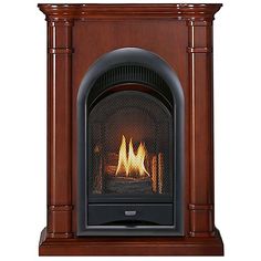 a wood burning fireplace with an open flame