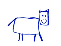 a drawing of a horse with a smile on it's face and tail, standing in front of a white background