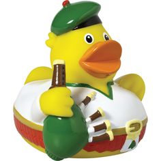 a yellow rubber ducky holding a bottle