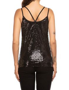 95% Polyester. 5% Spandex Features:This is round neck sleeveless sequin tank top made from high quality full sequins covered for a beautifully embellished with a soft lined for that perfect balance. Glamorous Camisole Tank Top For Party Season, Cami Tank Top For Evening Party Season, Evening Cami Tank Top For Party Season, Evening Party Season Cami Tank Top, Sequined Cami Tops, Evening Sequined Camisole Top, Sequin Camisole Top For Evening, Sequin Camisole Tops For Night Out, Glamorous Stretch Tank Top