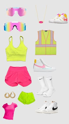 an assortment of clothing and shoes are arranged on a white surface, including sneakers, sunglasses, shorts, vests, and socks