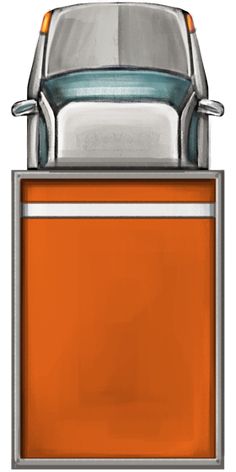 an orange and silver car is parked in front of a white background with the door open