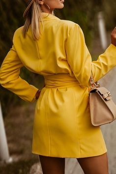 Yellow Long Sleeve Belted Blazer Dress Handbag Necklace, Belted Blazer Dress, High Heels Boots, Yellow Blazer, Yellow Long Sleeve, Plus Size Romper, Belted Blazer, Work Place, High Waist Dress