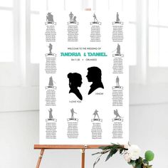 a wedding seating chart with silhouettes of people