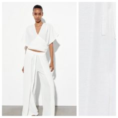 Nwt. Zara White Flowing Pareo Pants Overlapping Wrap Mid-Rise Pants With Elastic Waistband. Overlapping Wrap Front With Self-Tie Fastening. Wide Leg. Flowing Wrap Trousers. Size M. Ref. 0264/159. Waist 14 " Flat, Rise 14", Inseam 30,5". 1027. Elegant Wide Leg Pants With Tie Waist For Spring, Elegant Spring Wide Leg Pants With Tie Waist, Elegant Loungewear Pants With Tie Waist, Summer Workwear Sets With Wide-leg Pants, White Wide-leg Pants Sets For Summer, White Summer Pants With Tie Waist, Chic Summer Sets With Ankle-length Pants, Summer Workwear Sets With Ankle-length Pants, Chic Summer Pantsuit With Wide-leg Pants