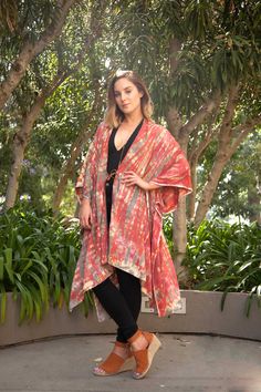 "Hand tie dye meets chic comfort in this long open front kimono jacket. This is absolutely Beautiful! Gorgeous shades of coral, pink, brick, white, cream, tan and gray. Versatile piece...Dress it up, or dress it down. Optional front tie. Or you'll be just gorgeous in this pool side because it also looks great as a pool/beach cover. This handmade, stunning, statement piece is a real standout. The gorgeous colors steal the show! Length straight down back: 38\" Arm hole opening: 12\" (24\" circumfe Monogrammed Rain Jacket, Steampunk Coat, Tie Dye Jackets, Monogram Pullover, Preppy Monogram, Hooded Wool Coat, Boucle Coat, Wool Coat Women, Long Wool Coat