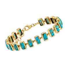 Ross-Simons - Turquoise Bracelet in 18kt Gold Over Sterling. 7". There's always a time for turquoise. Our eclectic bracelet showcases the earthy beauty of 4x8mm rectangular stabilized turquoise cabochons, each with a striking added copper matrix. Finely crafted in polished 18kt yellow gold over sterling silver with a 1" extender. Lobster clasp, turquoise bracelet. Unique Turquoise Bracelet, Tourqouis Jewelry, Turquoise And Gold Jewelry, Gold Turquoise Jewelry, Building Outfits, Purim Costume, Earthy Beauty, Teal Bracelet, Turquoise Gold Ring