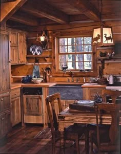 a rustic cabin kitchen with wooden floors and walls