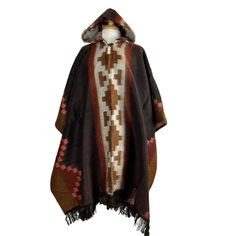 View our huge variety of soft ponchos for women and men. They can be worn any time of the year when you need to keep your body warm.  Click to shop now! https://www.etsy.com/shop/LatinAmericanBoutiq?ref=seller-platform-mcnav&section_id=24620177 - Very soft and warm - Large and long perfect for the coldest wintertime - Lightweight cape - Comfortable shawl - With fringes and geometric patterns   - Made of alpaca wool and  acrylic Measurements:  Length from shoulder to bottom: 36inches + 3 inches fringes Width from left to right: 48 inches Find more colors and patterns here: https://www.etsy.com/shop/LatinAmericanBoutiq?ref=seller-platform-mcnav&section_id=24603706 Visit my shop: https://www.etsy.com/shop/LatinAmericanBoutiq Care instructions: - Hand wash in cold water - Do not wring - Air dr One Size Hooded Outerwear For Outdoor, Hooded Poncho For Cold Weather And Fall, Hooded Poncho For Cold Weather In Fall, One Size Fall Cape For Outdoor Wear, One Size Outdoor Cape For Fall, One Size Cape For Outdoor Fall Activities, One Size Winter Outerwear For Outdoor, Brown Cape For Cold Weather, Winter Poncho Cape For Cold Weather