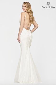 Faviana S10633 Long V-neck dress with applique detail all over, and lace-up back. V-neck Gown With Lace Back And Fitted Bodice, Elegant Low Back Dress For Prom Season, Elegant Low Back Dress For Prom, V-neck Evening Dress With Lace Back And Fitted Bodice, White Dress With Sweetheart Neckline And Lace-up Back, Spring Gala Dress With Tie Back, Wedding Dress With Sheer Back And Sweetheart Neckline, Formal Low Back Dresses For Prom Season, Backless Prom Dress With Lace Bodice