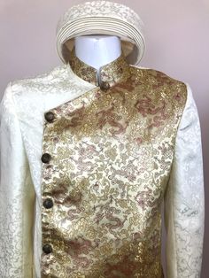 Champagne Ao Dai Men - Nam Vải Gấm Vàng Festive Gold Sherwani, Gold Sherwani For Ceremonial Occasions, Gold Sherwani For Groom, Ao Dai Men, Lace Top, Champagne, Yellow, Lace, Women's Top