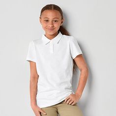 Perfect to complete a school uniform or paired with denim shorts for the weekend, this little and big girl's polo shirt from Thereabouts is a versatile wardrobe essential. It's made from soft cotton-jersey and has a spread collar, gathered shoulders, short sleeves, and a classic three-button placket.Closure Type: Button, Pullover HeadFit: Regular FitNeckline: Collar NeckSleeve Length: Short SleeveSleeve Style: Fitted SleeveApparel Length: 22.75 InchesFiber Content: 60% Cotton, 40% PolyesterFabri Preppy Cotton Polo Shirt For Spring, Collared T-shirt For School In Spring, Spring School T-shirt With Collar, Summer School Uniform Top, Classic Cotton School Shirt, Summer School Cotton Polo Shirt, Summer Cotton Polo Shirt For School, Relaxed Fit Tops For School In Spring, Fitted Casual Polo Shirt For School