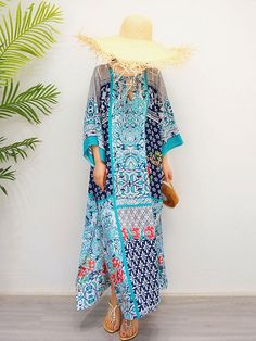 Ethnic Bohemian Style Neckline: V-neck Sleeve Type: 3/4 Sleeve Material: Cotton Wearable: Summer / Spring Soft Size Details (in CM /IN) Bust: 140 / 55.11 Length: 123 / 48.42Attention: Please note that due to a variety of monitor settings. the color swatches and your fabric. as seen on your screen. may slightly vary from the actual printed color. Model in the dress is only for reference. the outcome of the dress on your body will vary according to your size. Washing Tip: Hand wash only. do not ex Long Kaftan Dress, Women Summer Dress, Maxi Dress Floral, Long Kaftan, Bohemian Maxi, Bohemian Maxi Dress, Sleeve Women, Boho Maxi, Beachwear For Women