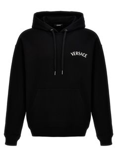 Cotton hoodie with logo embroidered front and back, kangaroo pocket. Composition: 100% cotton | Versace Men's Logo Hoodie in Black | SS24 Luxury Streetwear Hoodie With Pockets, Sporty Cotton Hoodie With Logo Detail, Logo Detail Hoodie Sweatshirt For Fall, Fall Hoodie Sweatshirt With Logo Detail, Fall Hoodie Sweatshirt With Logo, Cotton Hoodie With Logo For Streetwear, Luxury Long Sleeve Hoodie With Logo Print, Luxury Long Sleeve Hoodie With Ribbed Cuffs, Luxury Cotton Hoodie Sweatshirt