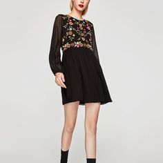 Love Embroidery.. Floral So Pretty For Spring Chic Embellished Embroidered Spring Dress, Spring Party Dress With Embroidered Sleeves, Zara Embroidered Dresses For Spring, Zara Embroidered Spring Dresses, Black Embroidered Long Sleeve Mini Dress, Black Embroidered Mini Dress For Summer, Black Embroidered Spring Dress, Elegant Fall Dress With Embroidered Hem, Zara Embroidered Mini Dress For Spring