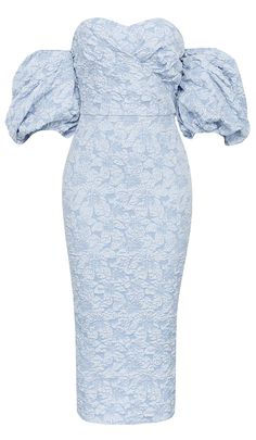 FLORAL-PRINT PUFF SLEEVE MIDI DRESS IN CLEAR SKY Wedding Stand, Flower Midi Dress, Sky Blue Background, Puff Sleeve Midi Dress, Chic And Elegant, Picnic In The Park, Clear Sky, Green Midi Dress, Sleeve Midi Dress