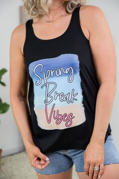 Spring Break Vibes Tank Top Spring Break is finally almost here! Get those spring break vibes before you head out on your trip and wear this tank throughout your trip while out enjoying the sunny, warm weather. Fabric Content: 65% polyester, 33% viscose Shirt Brand: Bella Canvas Sizing (unisex fit): XS: 0-2, S: 4-6, M: 8-10, L: 12-14, XL: 16-18, 2XL: 20-22 Models:Alicia (short blonde hair): 5'5" size small top, size 4 bottoms Cortney (wavy brown hair with highlights): size 1XL top, size 13 botto Spring Break Vibes, Wavy Brown Hair, Plus And Minus, Brown Hair With Highlights, Short Blonde, Short Blonde Hair, Spring Tops, Shirt Brand, Small Tops