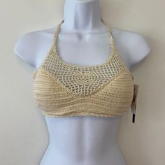 Ivory Crochet Halter Tie Top Check Out My Store For More Mix & Match Bikini Options! Beige Open Knit Crop Top For Summer, Fitted Lace Beige Crop Top, Fitted Lace Crochet Top For Beach, Fitted Beige Lace Crop Top, Beige Lace Fitted Crop Top, Cream Crochet Top With Trim For Vacation, Beige Lace Crochet Summer Top, Fitted Triangle Beige Crop Top, Fitted Beige Triangle Crop Top