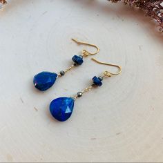 Beautiful Handmade Earrings Made With Genuine Lapis Lazuli Gemstone And Real Pyrite Gold Stones, Using 14k Gold Filled Ear Hooks Blue Teardrop Wire Wrapped Crystal Earrings, Blue Dangle Jewelry With Matching Earrings, Blue Lapis Lazuli Jewelry With Ear Wire, Elegant Lapis Lazuli Earrings With Natural Stones, Blue Natural Stone Earrings As Gift, Blue Long Drop Wire Wrapped Jewelry, Handmade Sapphire Teardrop Earrings, Blue Gemstone Dangle Jewelry, Blue Dangle Gemstone Jewelry