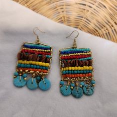 One Of A Kind Piece With Turqouise And Different Colors Of Beads And Stones Inpired From Egyptian Jewelary African Beaded Jewelry, Afrocentric Earrings, Beaded Frame, Framed Jewelry, Ear Art, Egyptian Inspired, Bead Frame, Easy Diy Jewelry, Beaded Lanyards