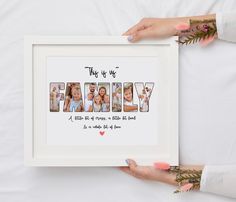 two hands holding a white framed photo with the word family printed on it in multiple photos