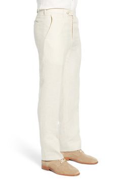 Washed linen gives a soft feel to charming dress pants with fully tailored construction for a superior fit. Zip fly with hook-and-bar and button closure Front slant pockets; back pockets 100% linen Dry clean Imported Classic Straight Fit Bottoms For Summer, Straight Fit Straight Pants For Summer, Summer Straight Fit Pants, Business Casual Straight Linen Dress Pants, Classic Full Length Dress Pants For Summer, Fitted Linen Pants With Flat Front, Fitted Linen Flat Front Pants, Formal Flat Front Linen Pants, Tailored Classic Linen Dress Pants