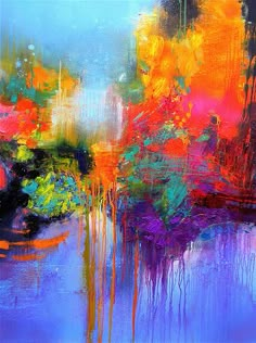 an abstract painting with blue, orange and yellow colors