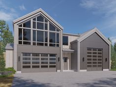 an artist's rendering of a two story house with garages and large windows