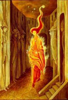 a painting of a person walking down some stairs with an orange robe on their head