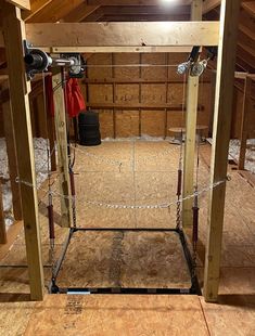 the inside of an unfinished attic with wood flooring