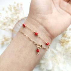 ✨ Red Coral Bracelet 14K Gold Filled, Rose Gold Filled, Sterling Silver Delicate Layering Bracelet, Birthstone Gift For Her ❤ Vibrant & energetic. Red coral is the best stone to wear for vitality, energy & ambition. Its bright red color symbolizes blood and the planet Mars which can be very powerful & energizing. It is believed to be effective in both prosperity & romantic love ❤ • Handmade in your preferred size. All metal parts are made with 14K Gold Filled, Rose Gold Filled or 925 Sterling Si Gift Red 14k Gold Bracelet, Red 14k Gold Dainty Bracelet, Hypoallergenic 14k Gold Red Jewelry, Red Gemstone Dainty Bracelets, Red Gemstone Dainty Bracelet, Red Hypoallergenic Bracelet Jewelry, Red Hypoallergenic Bracelet, Planet Mars, Coral Bracelet