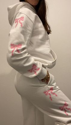 Hoodie with bow detailing Hand Made by me! Casual Long Sleeve Sweater With Bow, Casual Long Sleeve Bow Sweater, Casual Long Sleeve Tops With Bow, White Casual Tops With Bow Print, Casual White Tops With Bow Print, Coquette Sweatpants, Bow Sweatpants, Hoodie Diy, Business Clothing