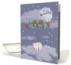 a card with an image of a polar bear holding balloons