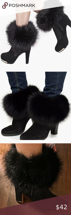 Black Fuzzy Faux Fur Pom Pom Cuff Ankle Boot Covers Puff Leg Warmer Socks