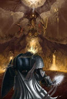 a painting of a knight kneeling in front of a giant demon with his head down