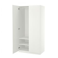 an open white cabinet with shelves on both sides