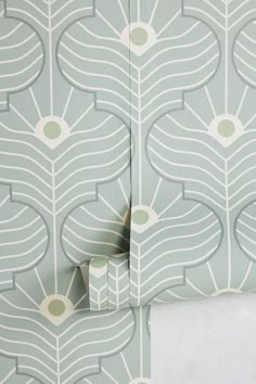 the wall paper has been designed with an art deco pattern and is in mint green