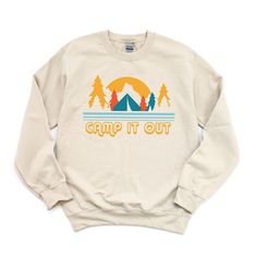 Looking for a cute versatile top to wear this summer? Make sure to grab one of our Camp It Out Sweatshirts! This soft and comfortable shirt is the perfect top for any outfit. It can be paired with biker shorts, Jeans, or the classic stay at home sweats! The bright color adds a pop of summer to any outfit. This sweatshirt is true-to-size, so be sure to order your regular size! If you are looking for a more oversized look, make sure to size up. Spring Cotton Sweatshirt For Outdoor, Cotton Sweatshirt For Outdoor Spring Activities, Spring Outdoor Cotton Sweatshirt, Spring Outdoor Sweatshirt With Letter Print, Outdoor Letter Print Sweatshirt For Spring, Spring Outdoor Sweatshirt With Relaxed Fit, Comfortable Cotton Tops For Outdoor, Spring Crew Neck Top For Outdoor, Spring Outdoor Crew Neck Top