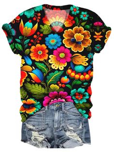 Women's Floral Print V-Neck Top,Come to wonderclosets to Find your Favorite. Multicolor Print V-neck Top For Fall, Bohemian Multicolor V-neck T-shirt, Multicolor V-neck T-shirt For Fall, Multicolor Floral Print V-neck Top, Multicolor Floral Print V-neck T-shirt, Fitted V-neck T-shirt With Floral Print, Fall Multicolor Print V-neck Blouse, Multicolor Floral Print Blouse With Crew Neck, Colorful Bohemian V-neck Blouse